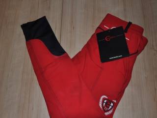 bryczesy Covalliero Bali, r. 140 cm, czerwone, dziecięce, lej kolanowy silikonowy, NOWE