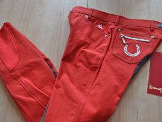 bryczesy Cavallo Corona, r. 170 cm, signal red/czerwone, pełny szary lej, NOWE