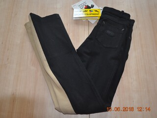 bryczesy HKM Jodhpur, r. 152, pełny lej, czarno-beżowe, dziecięce, młodzieżowe, NOWE